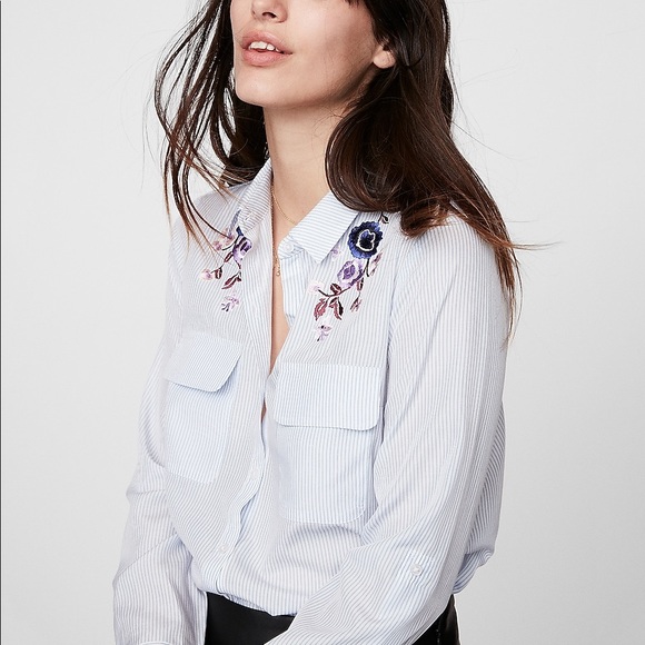 Express Tops - Express Floral Embroidered Striped City Shirt By